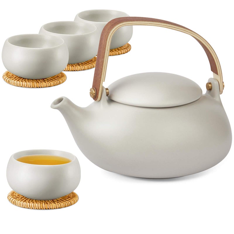 ZENS Vintage Japanese Tea Set, 27oz Ceramic Japanese Teapot with Infuser, Wood Handle Matte Gray Teapot with Strainers and 4 Cups for Tea Party, Women's Gift - Image 1